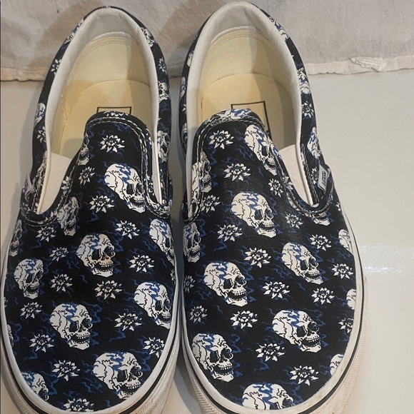 Vans Other - Vans Black and Blue Skull Print Slip-On Shoes